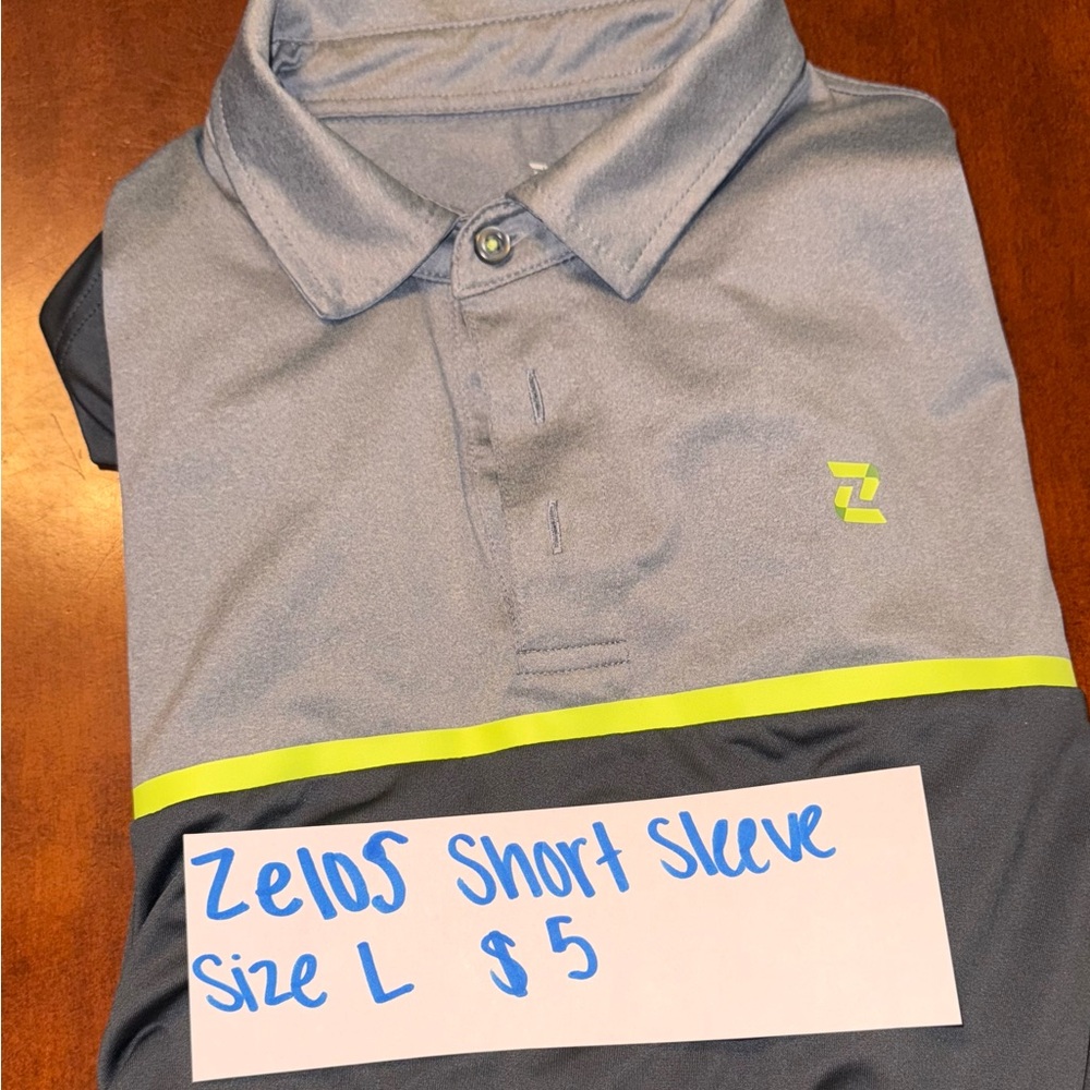 ZELOS Light Blue and Dark Gray Polo with Neon Yellow Accent